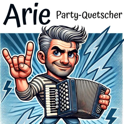 Website Logo von Arie – rockender Cartoon mit Akkordeon & vollem Druck